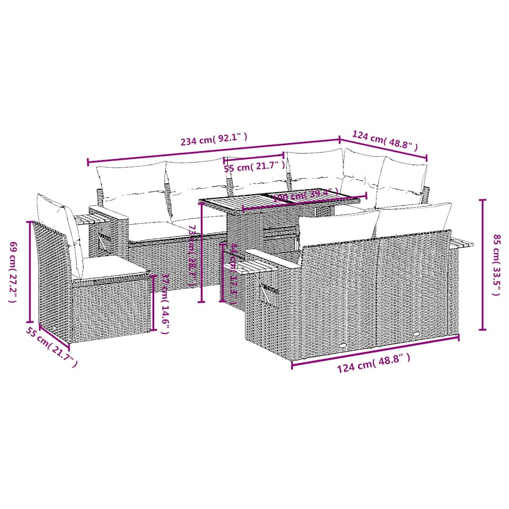 Set Divani da Giardino 9 pz con Cuscini Nero in Polyrattan