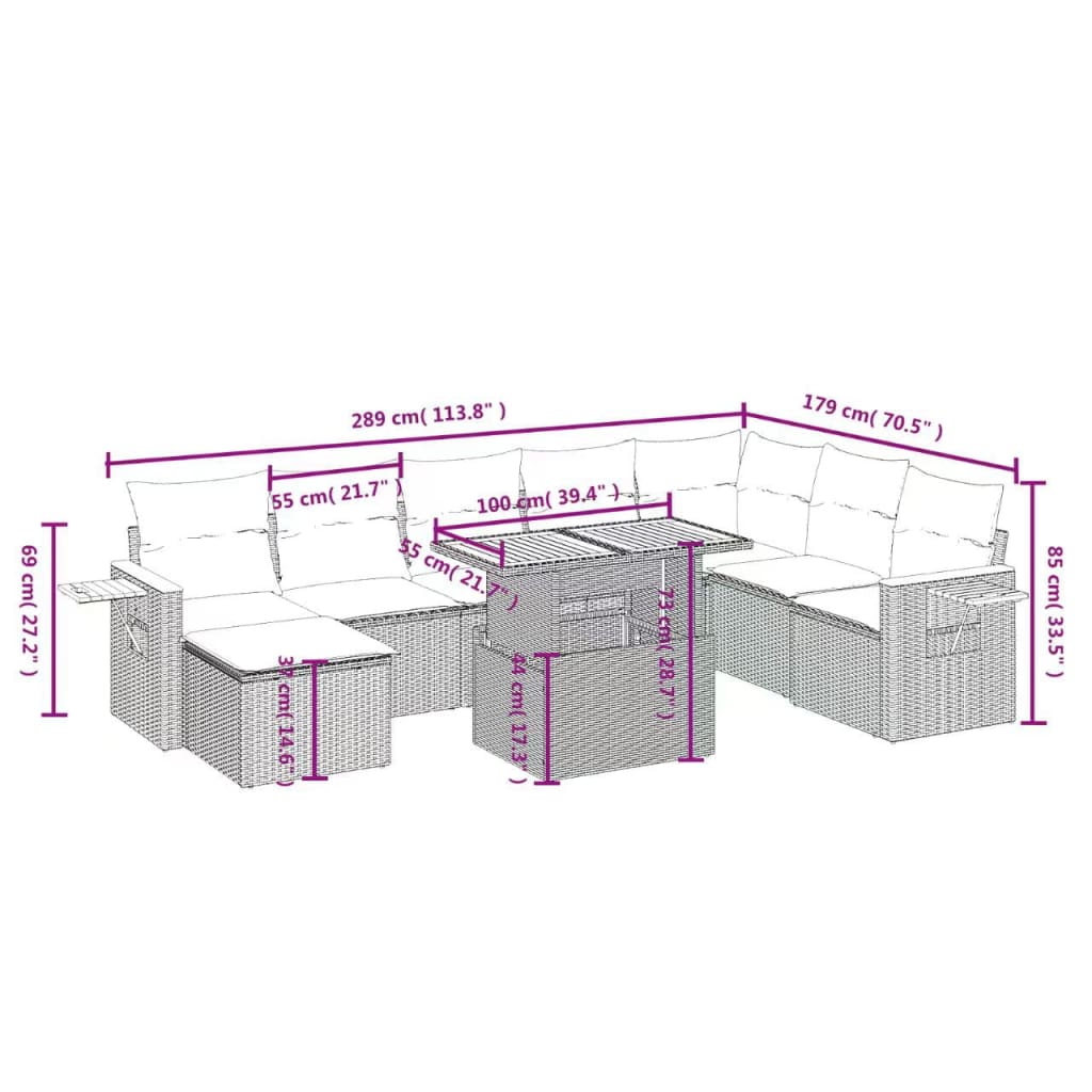 Set Divani da Giardino 9 pz con Cuscini Nero in Polyrattan | homemem39