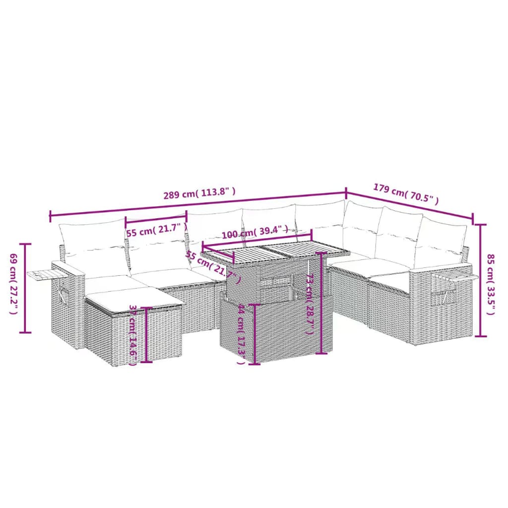 Set Divano da Giardino 9 pz con Cuscini Beige in Polyrattan | homemem39