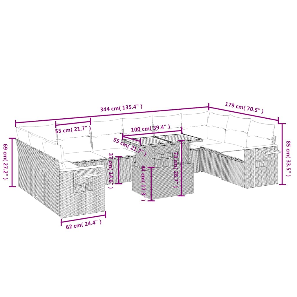 Set Divani da Giardino 11 pz con Cuscini in Polyrattan Nero | homemem39