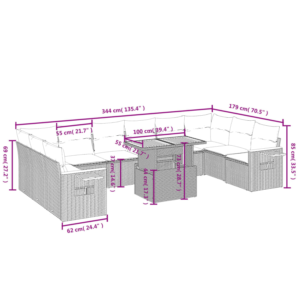 Set Divani da Giardino 11 pz con Cuscini in Polyrattan Nero | homemem39