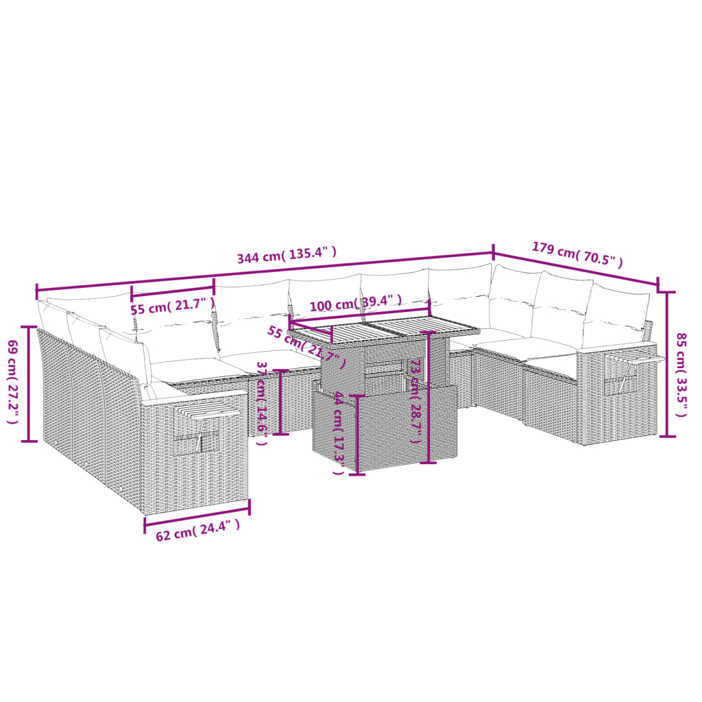 Set Divani da Giardino 11 pz con Cuscini Beige in Polyrattan | homemem39