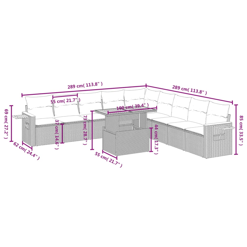 Set Divani da Giardino 11 pz con Cuscini in Polyrattan Nero | homemem39