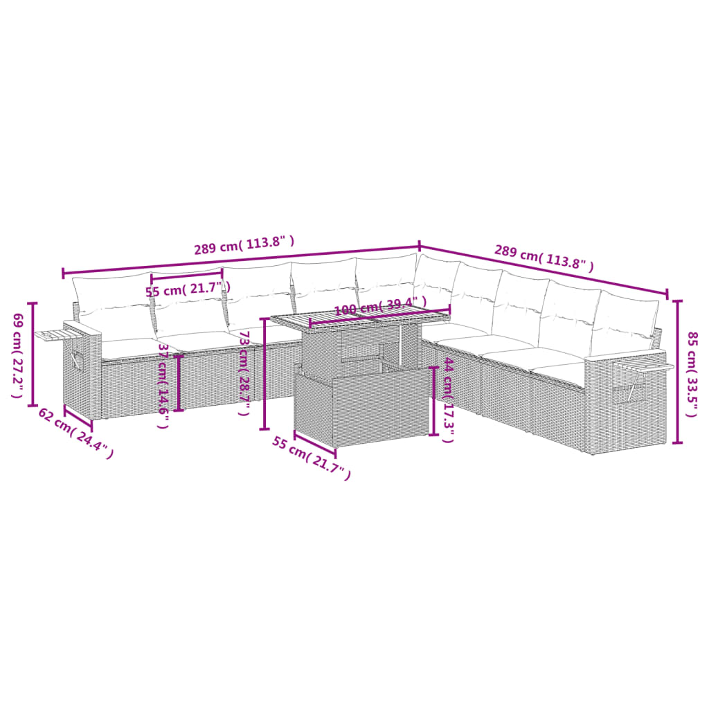 Set Divani da Giardino 11 pz con Cuscini Beige in Polyrattan | homemem39