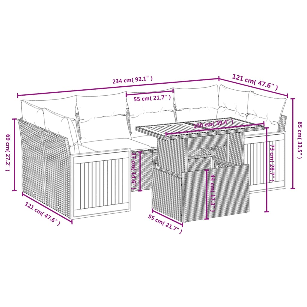 Set Divani da Giardino 7 pz con Cuscini Grigio in Polyrattan | homemem39