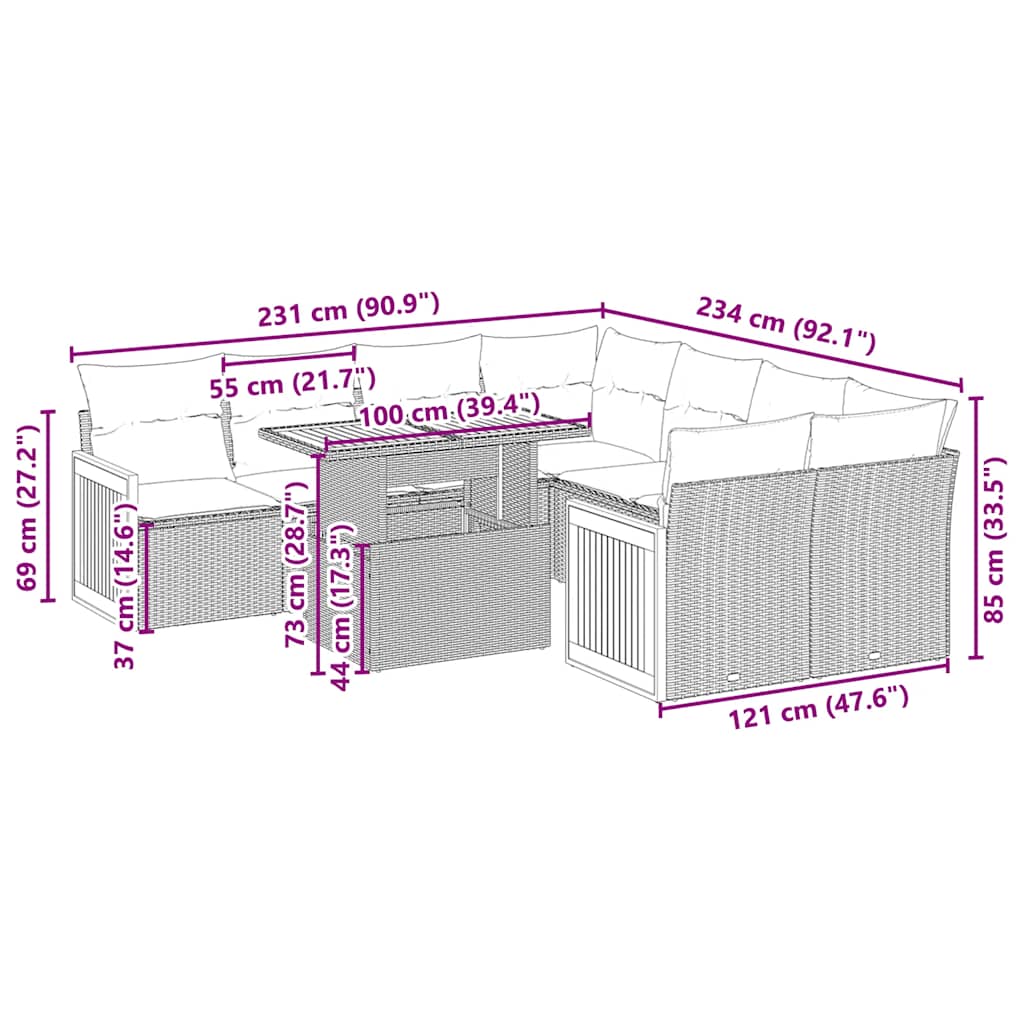 Set Divani da Giardino 9 pz con Cuscini Nero in Polyrattan | homemem39