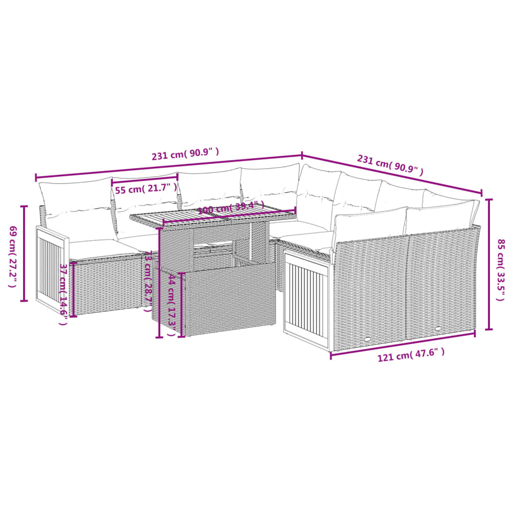 Set Divano da Giardino 9 pz con Cuscini Grigio in Polyrattan | homemem39