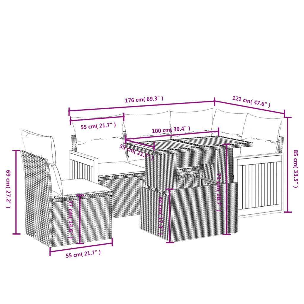 Set Divano da Giardino 6 pz con Cuscini Nero in Polyrattan | homemem39