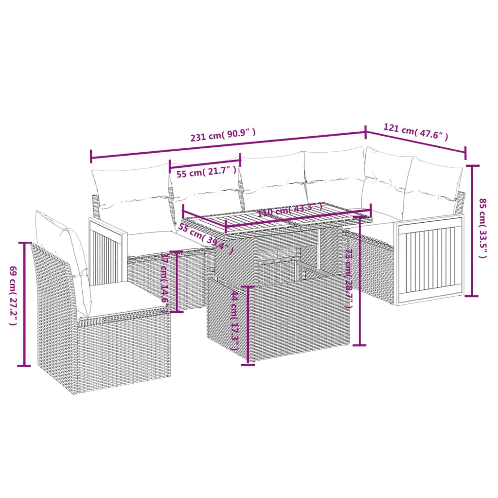 Set Divani da Giardino 7 pz con Cuscini Beige in Polyrattan | homemem39