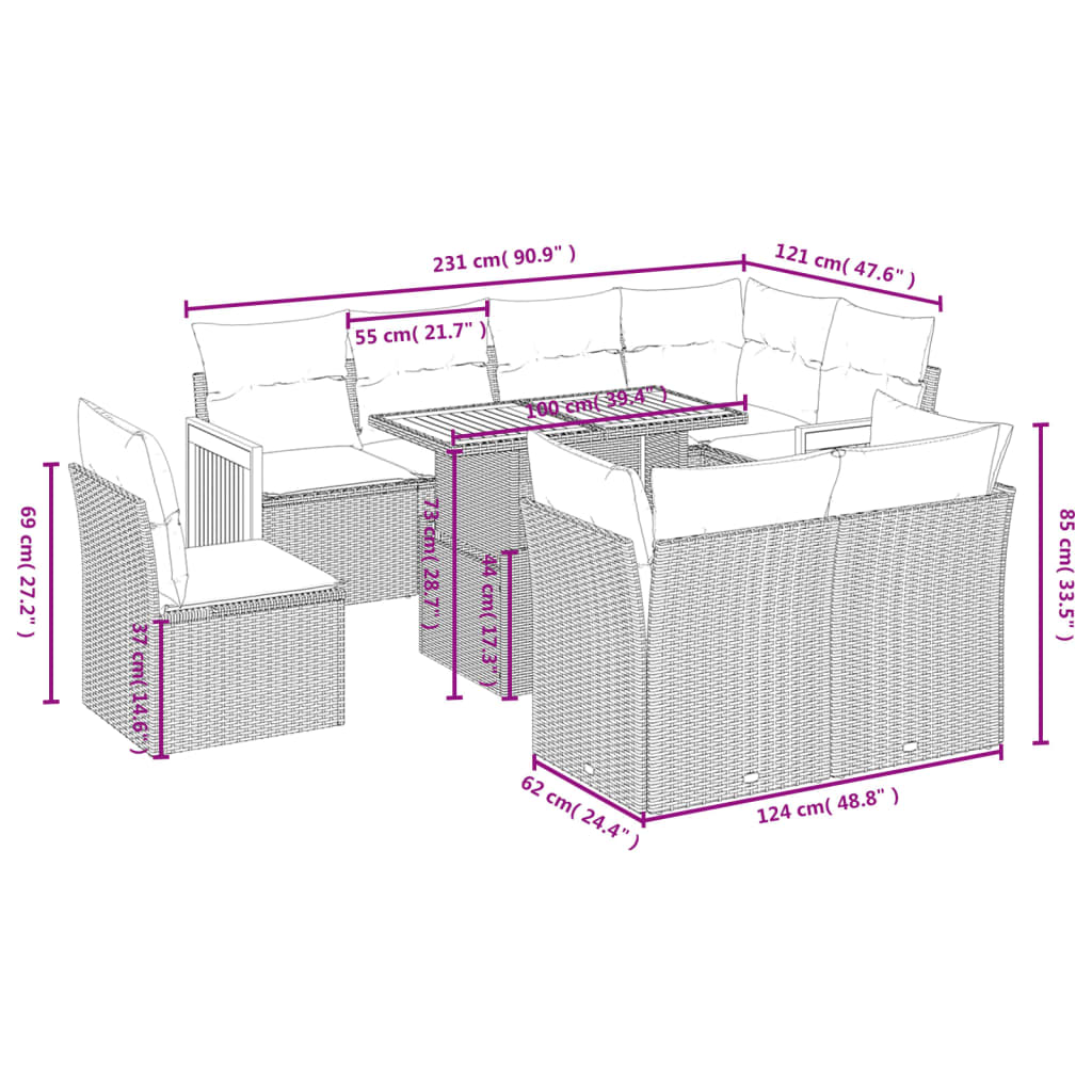 Set Divano da Giardino 9 pz con Cuscini Beige in Polyrattan | homemem39