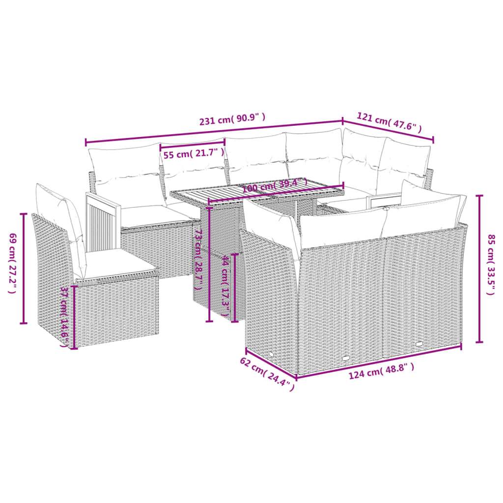 Set Divano da Giardino 9 pz con Cuscini Grigio in Polyrattan | homemem39