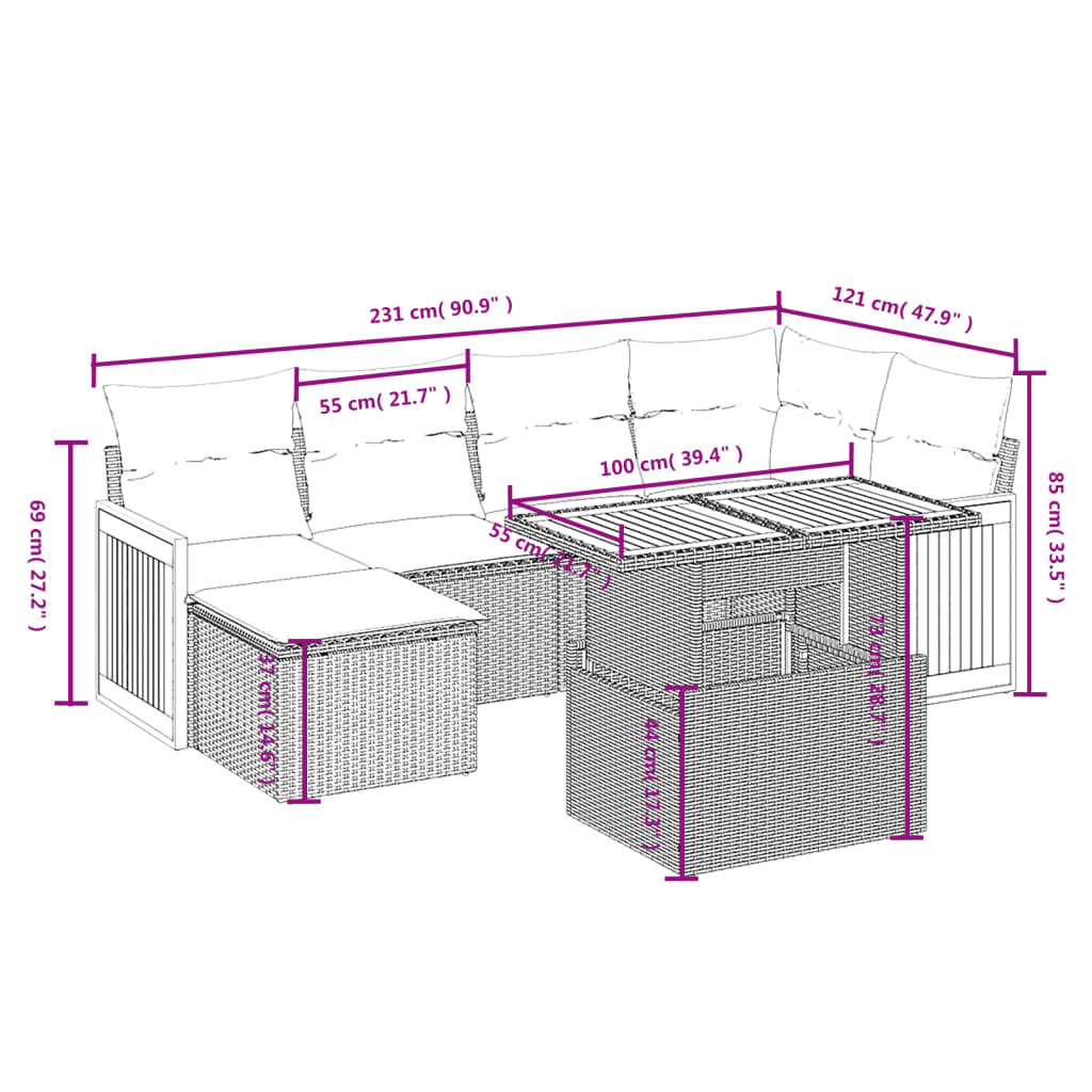 Set Divani da Giardino con Cuscini 7pz Nero Polyrattan | homemem39