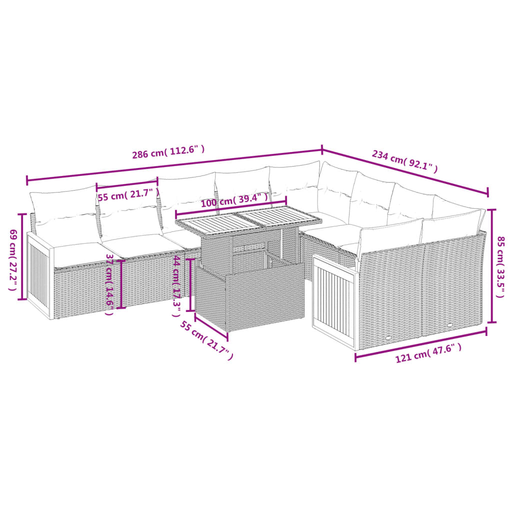 Set Divano da Giardino 10 pz con Cuscini Grigio in Polyrattan | homemem39