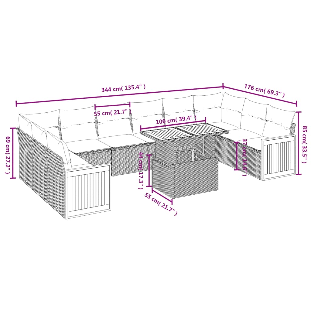Set Divani da Giardino 11 pz con Cuscini Beige in Polyrattan | homemem39