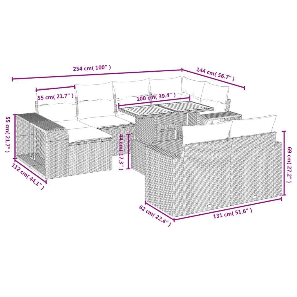 Set Divani da Giardino 11 pz con Cuscini in Polyrattan Nero | homemem39