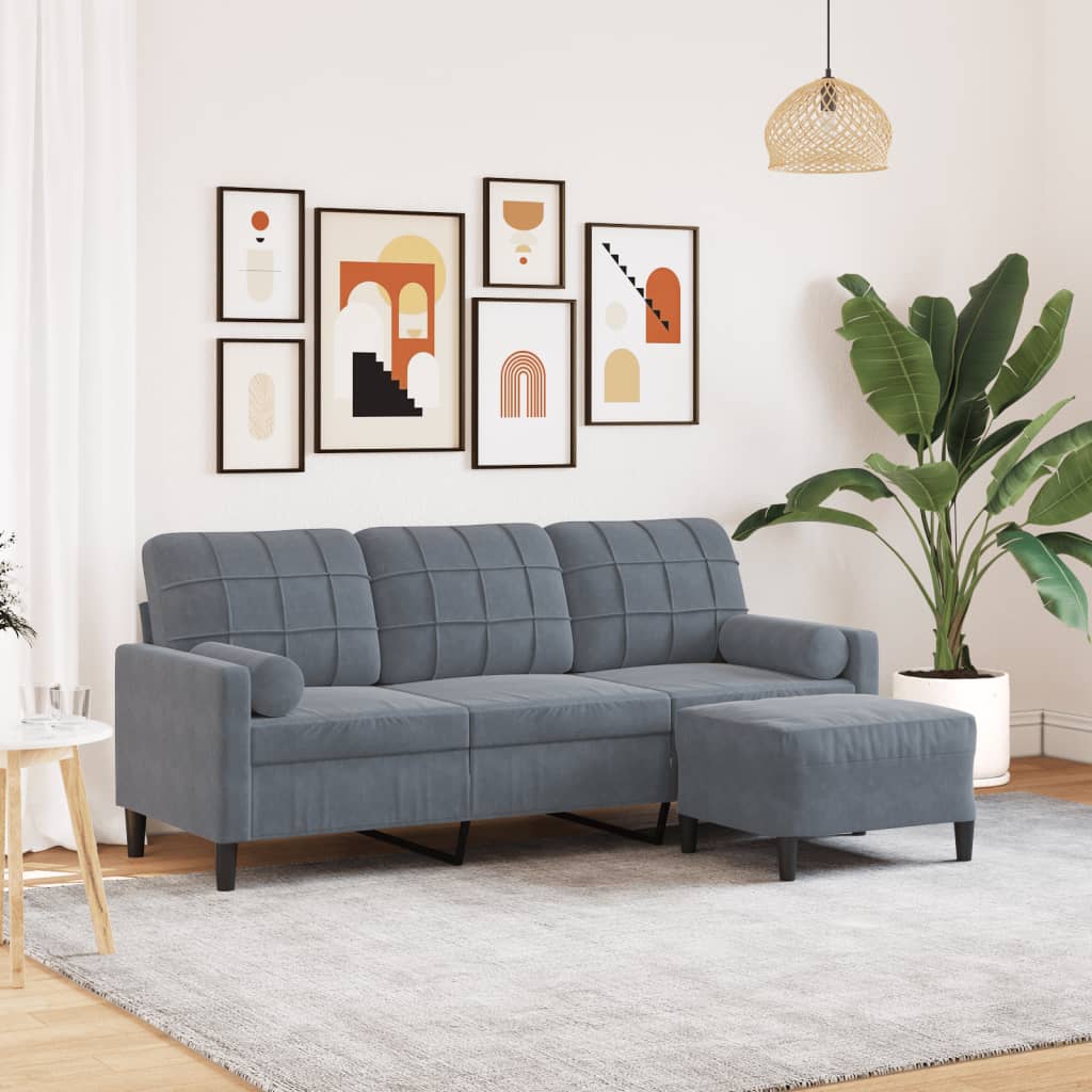 Divano a 3 Posti con Poggiapiedi Grigio Scuro 180 cm in Velluto
