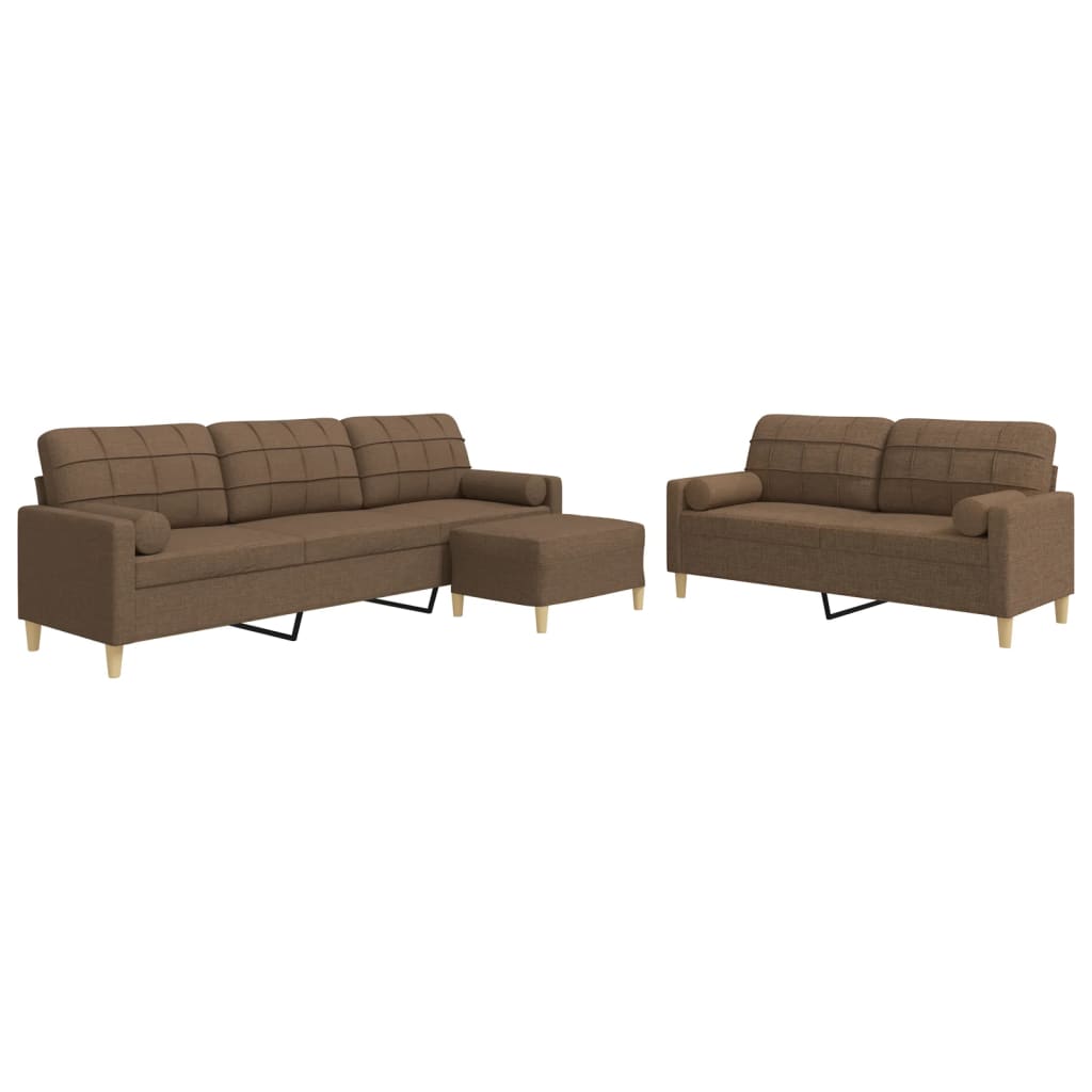 Set Divani 3 pz con Poggiapiedi e Cuscini Marrone Tessuto