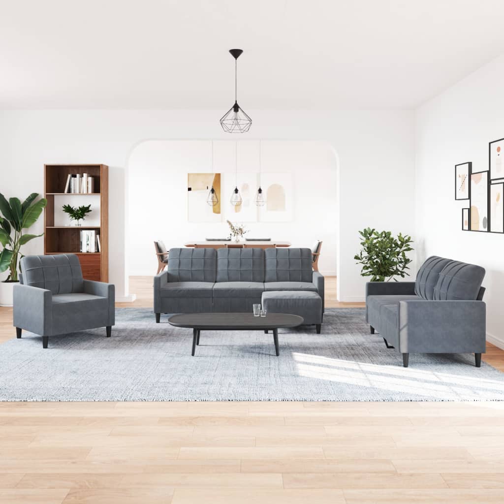 Set di Divani 4 pz con Cuscini Grigio Scuro in Velluto