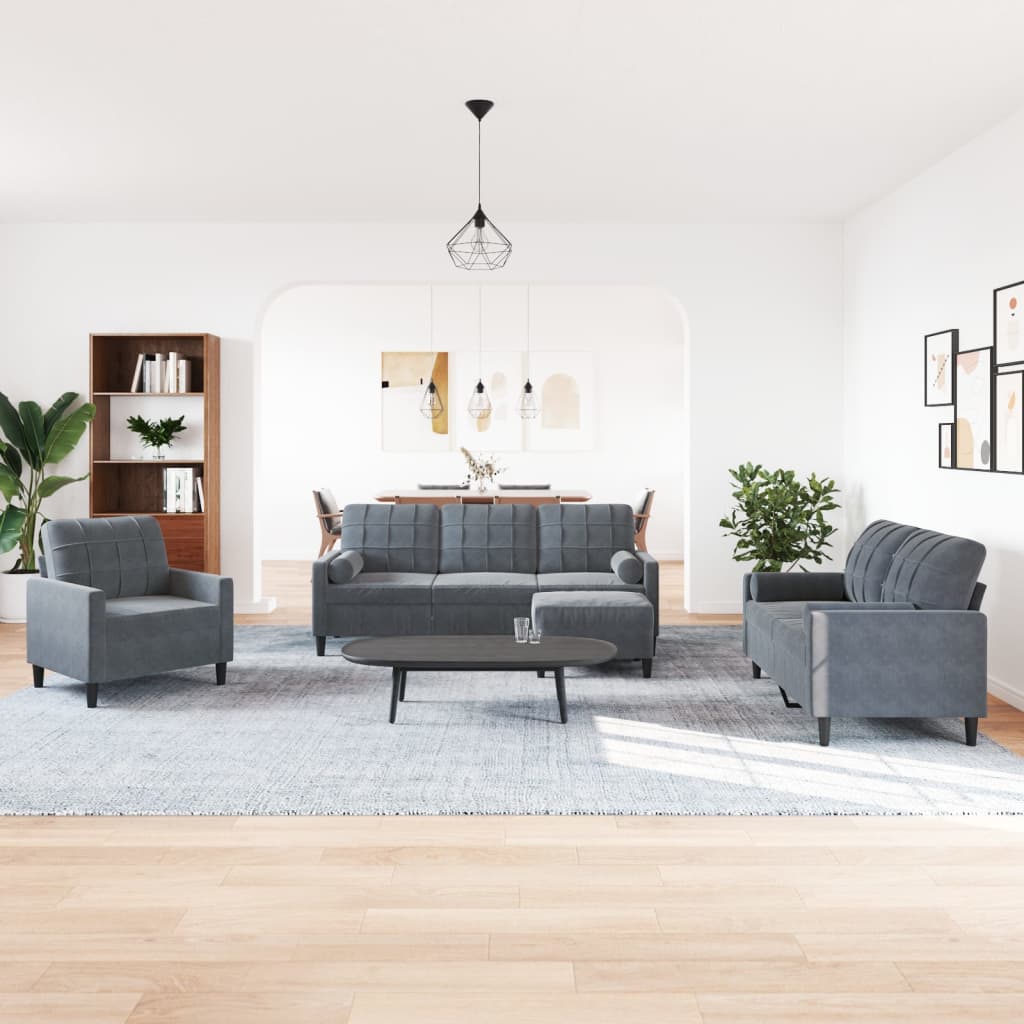 Set di Divani 4 pz con Cuscini e Rinforzi Grigio Scuro Velluto