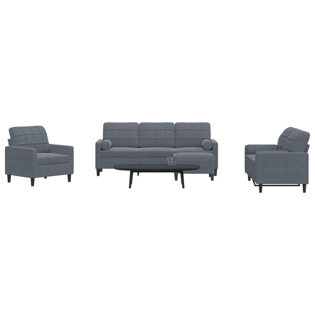 Set di Divani 4 pz con Cuscini e Rinforzi Grigio Scuro Velluto