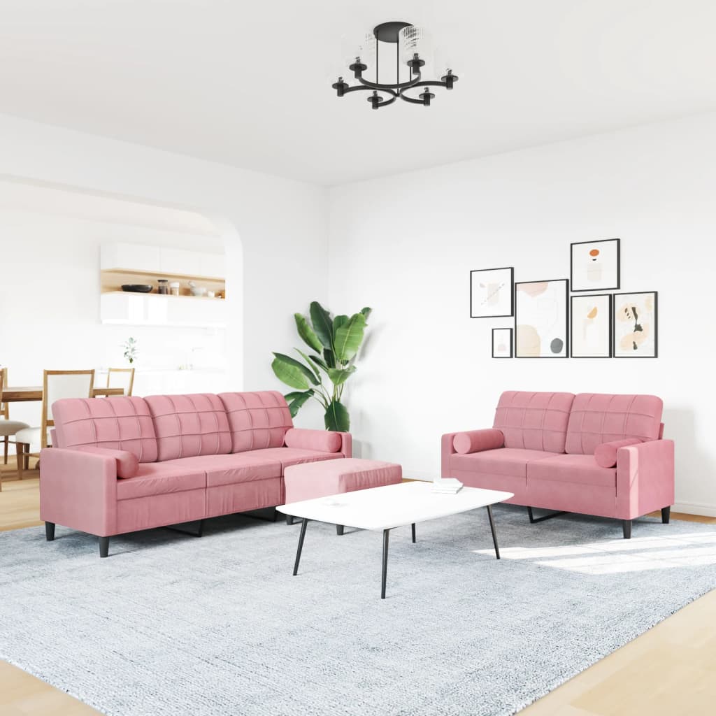 Set di Divani 3 pz con Cuscini e Rinforzi rosa in Velluto