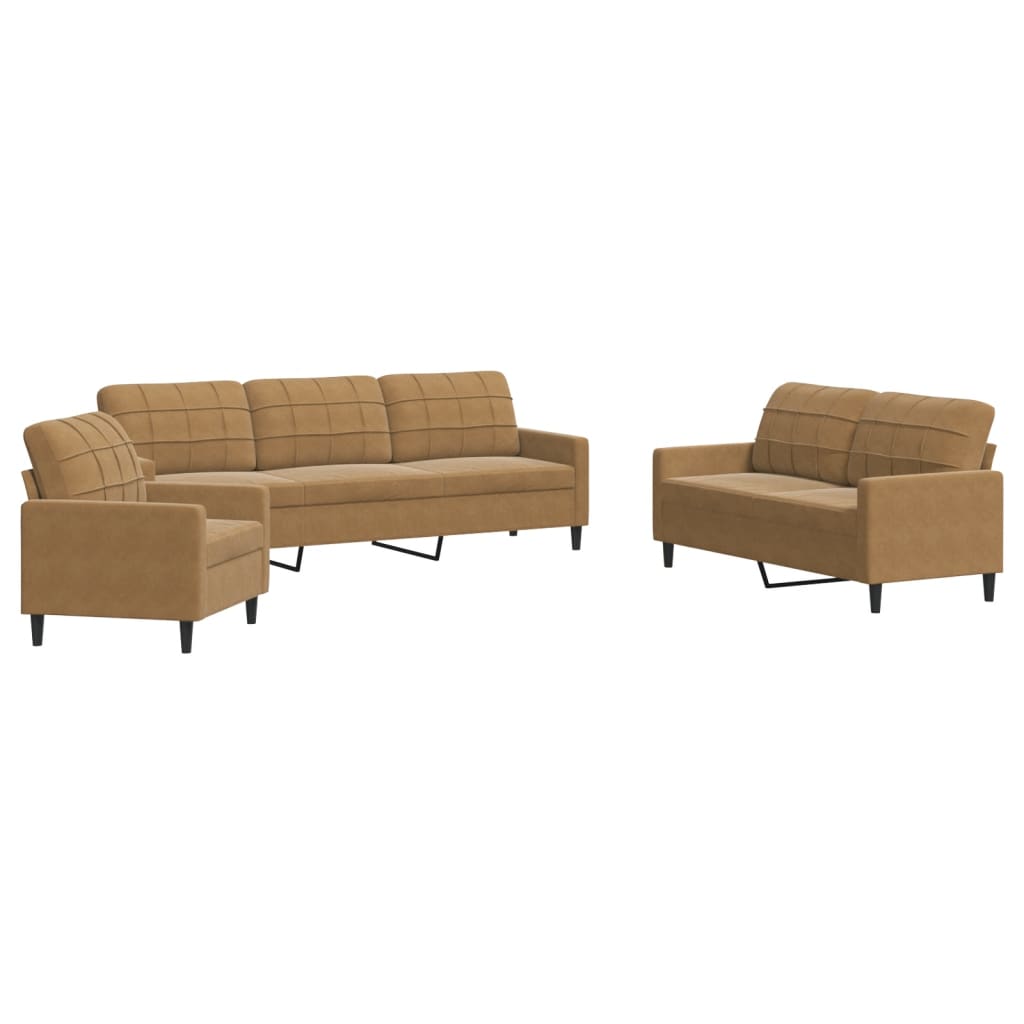 Set di Divani 3 pz con Cuscini Marrone in Velluto