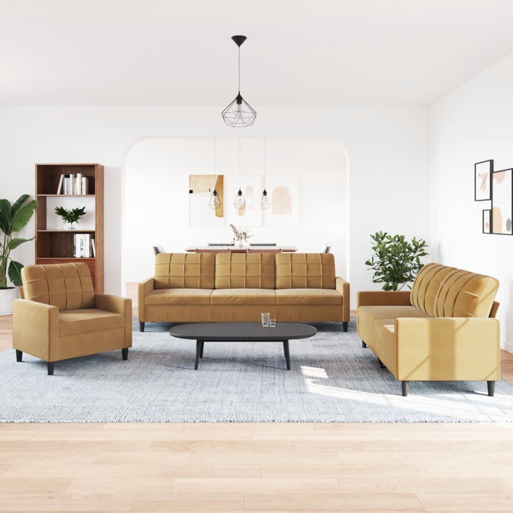 Set di Divani 3 pz con Cuscini Marrone in Velluto