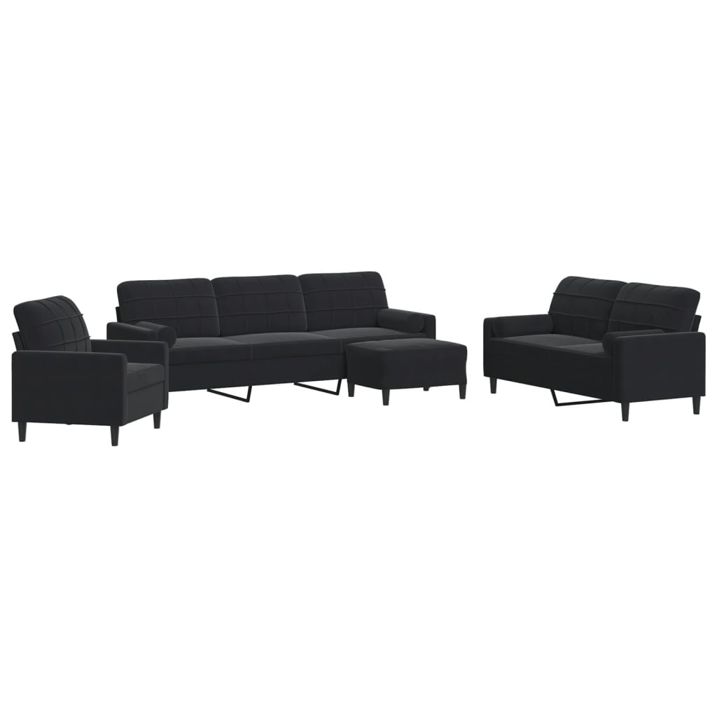 Set di Divani 4 pz con Cuscini e Rinforzi Nero in Velluto
