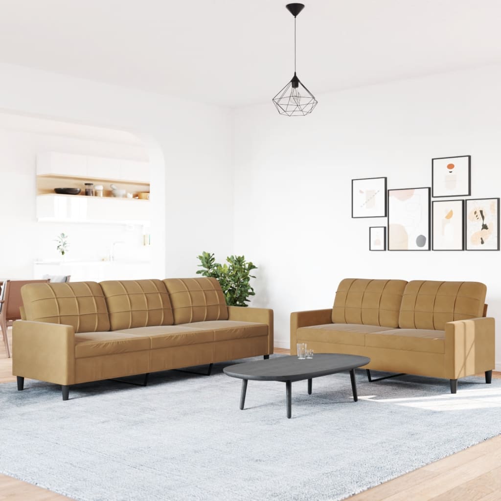 Set di Divani 2 pz con Cuscini Marrone in Velluto