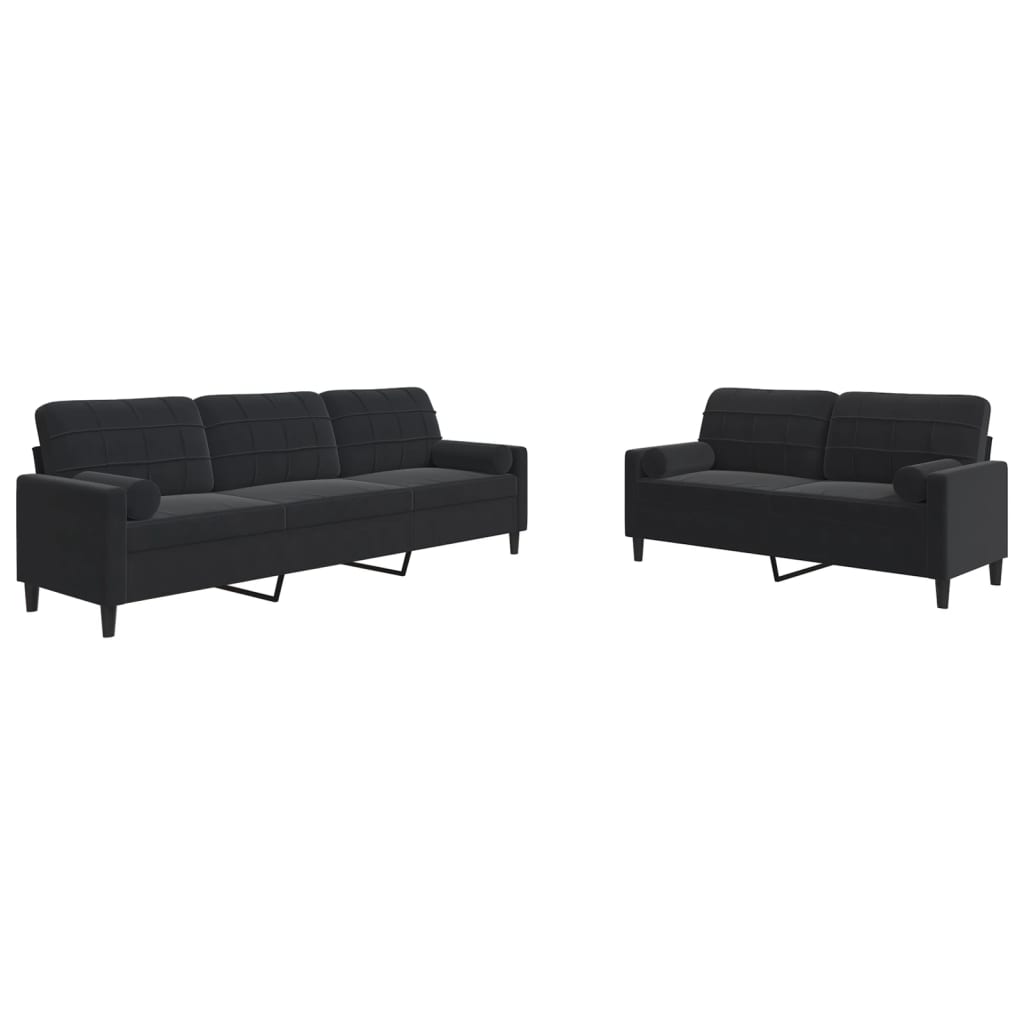 Set di Divani 2 pz con Cuscini e Rinforzi Nero in Velluto