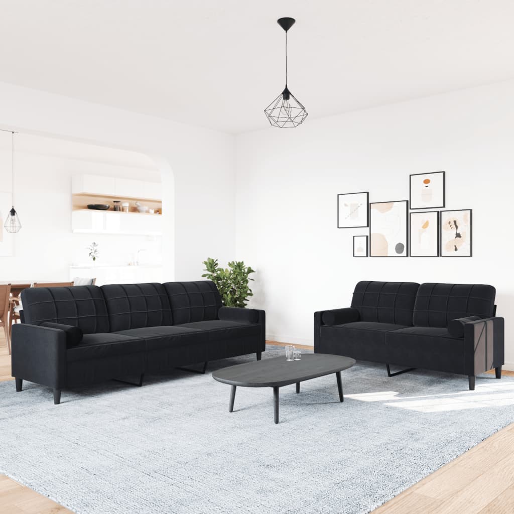 Set di Divani 2 pz con Cuscini e Rinforzi Nero in Velluto