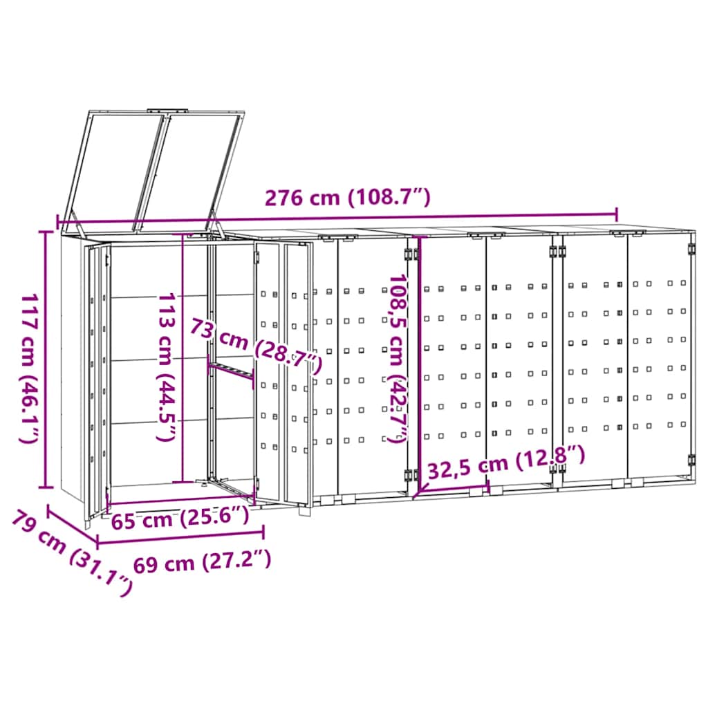Copribidone con Ruote 4 Bidoni Antracite 276x79x117cm Acciaio - homemem39