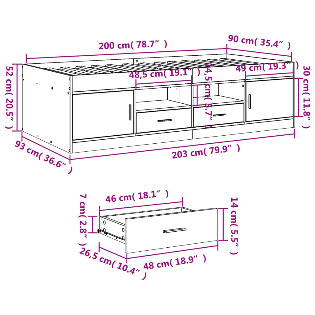 Divano Letto con Cassetti senza Materasso Rovere Fumo 90x200 cm | homemem39