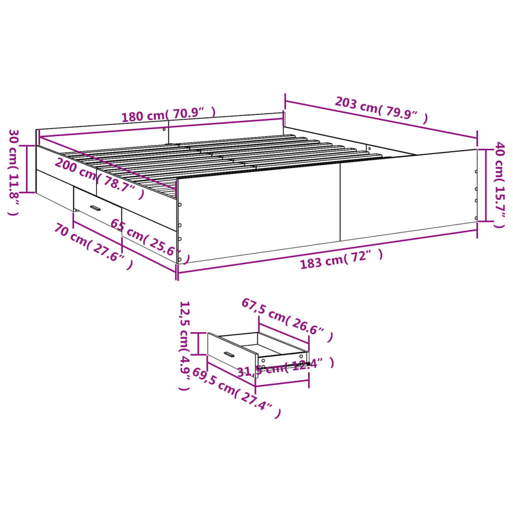 Giroletto con Cassetti Bianco 180x200 cm in Legno Multistrato | homemem39