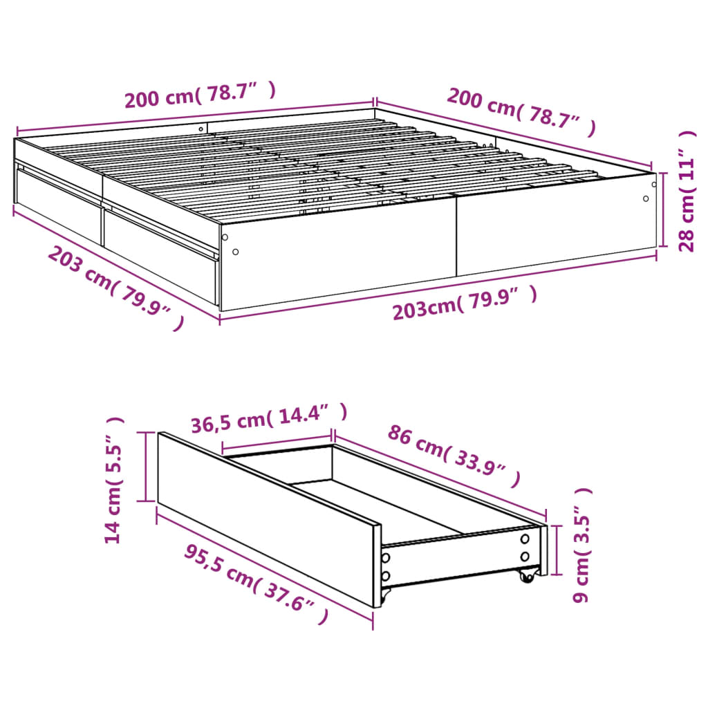 Giroletto con Cassetti Bianco 200x200 cm in Legno Multistrato | homemem39