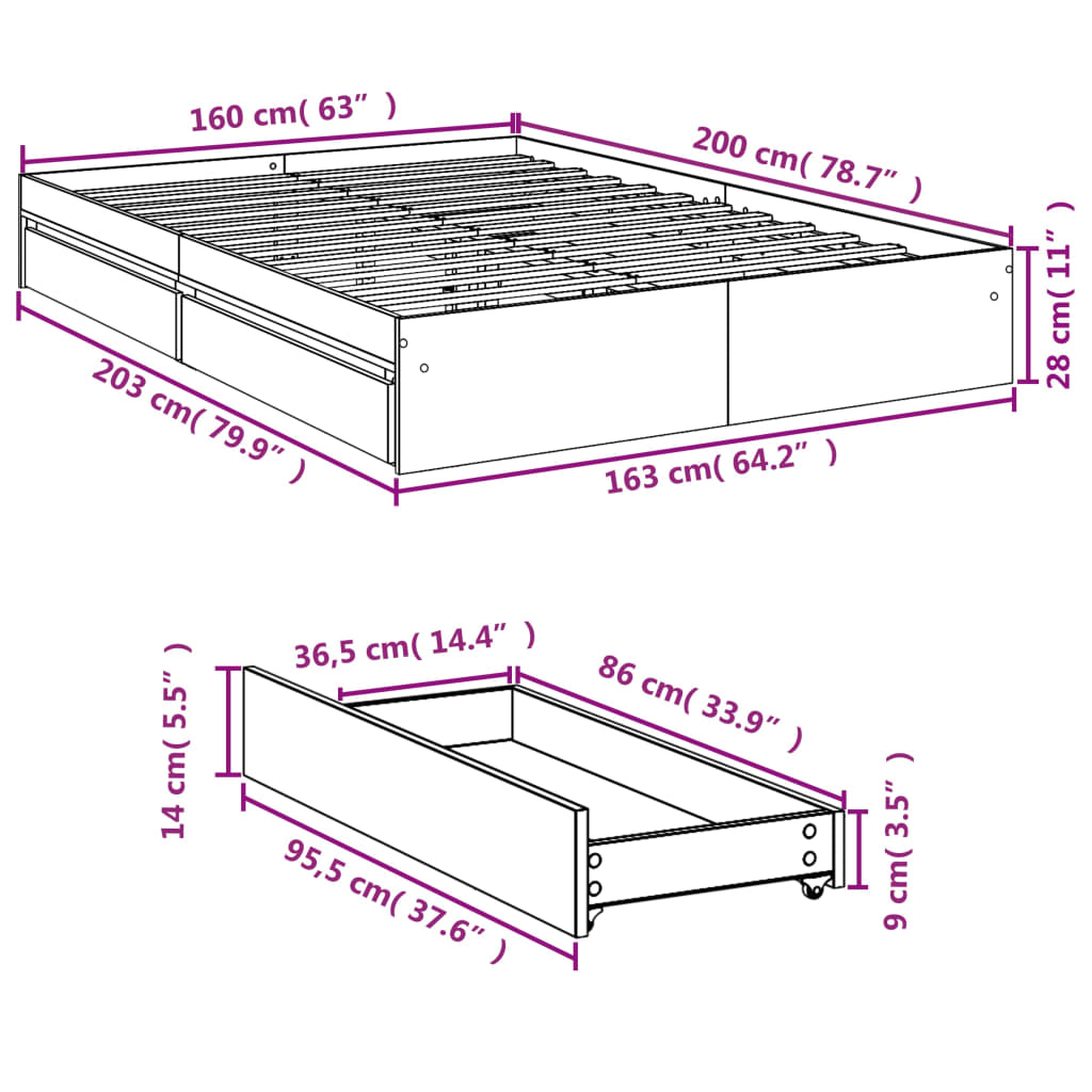 Giroletto Cassetti Grigio Cemento 160x200 cm Legno Multistrato | homemem39