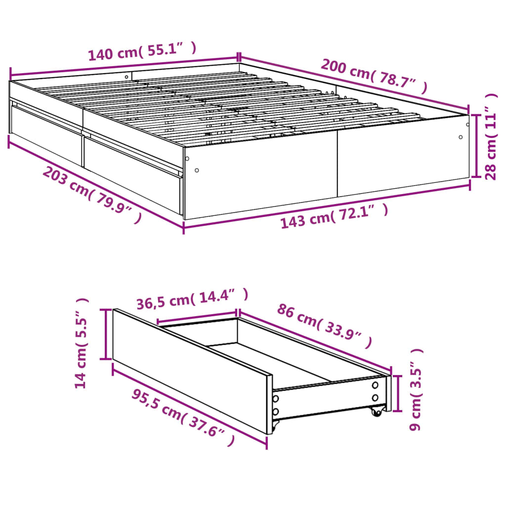 Giroletto Cassetti Grigio Sonoma 140x200 cm Legno Multistrato | homemem39