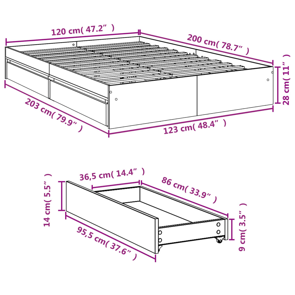 Giroletto con Cassetti Rovere Fumo 120x200 cm Legno Multistrato | homemem39