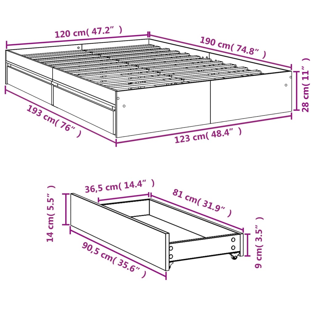 Giroletto con Cassetti Bianco 120x190 cm in Legno Multistrato | homemem39
