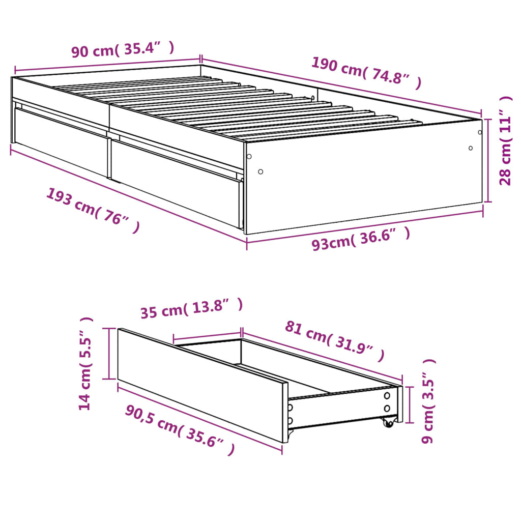 Giroletto con Cassetti Bianco 90x190 cm in Legno Multistrato | homemem39