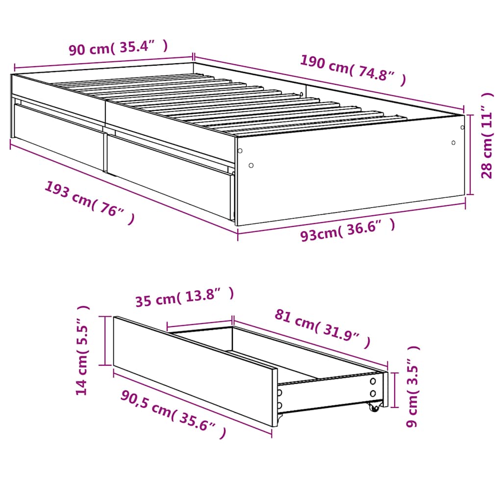 Giroletto Cassetti Grigio Sonoma 90x190 cm Legno Multistrato | homemem39