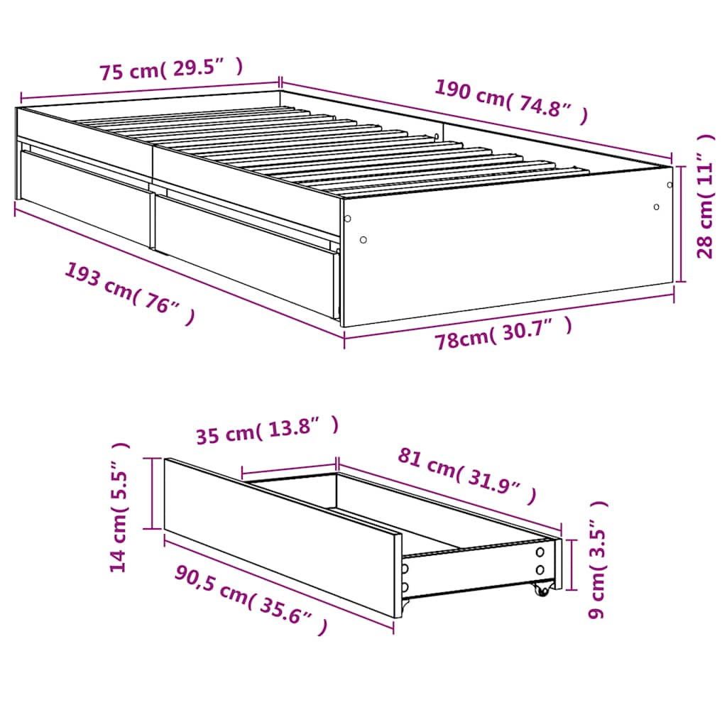 Giroletto con Cassetti Bianco 75x190 cm in Legno Multistrato | homemem39