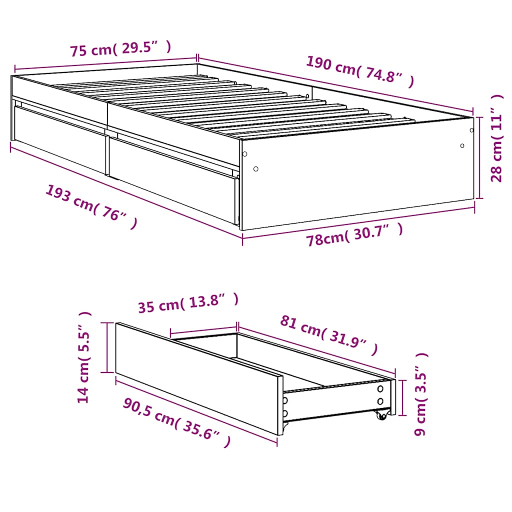 Giroletto Cassetti Rovere Sonoma 75x190 cm Legno Multistrato | homemem39