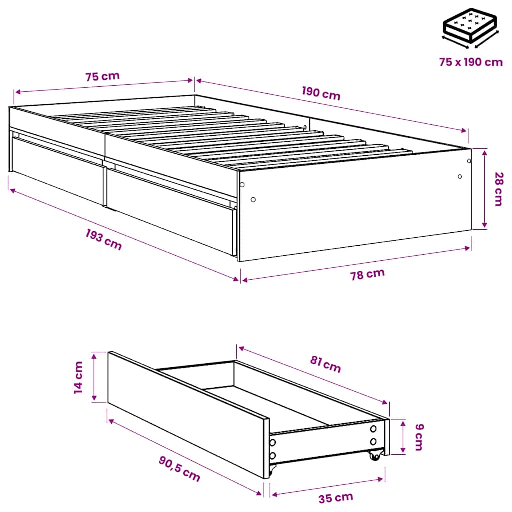Giroletto Cassetti Rovere Sonoma 75x190 cm Legno Multistrato