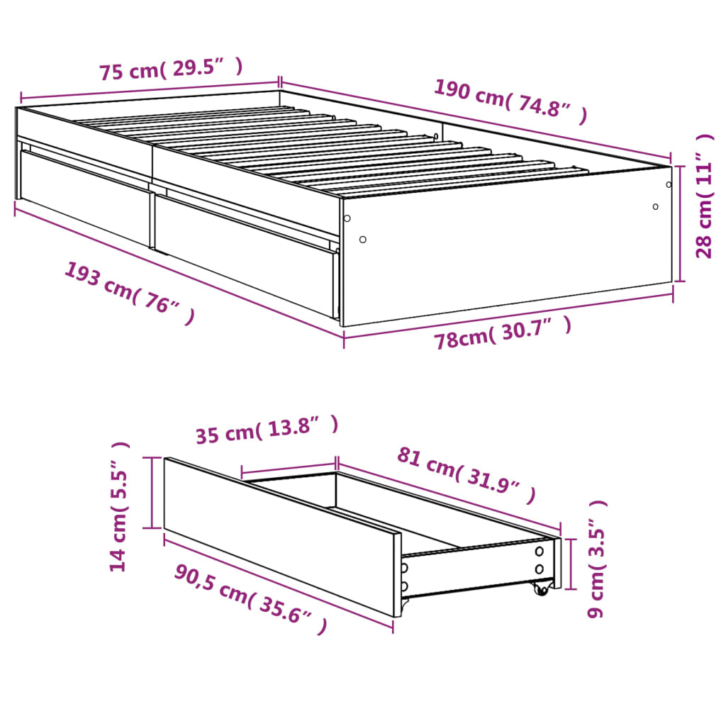 Giroletto con Cassetti Rovere Fumo 75x190 cm Legno Multistrato | homemem39