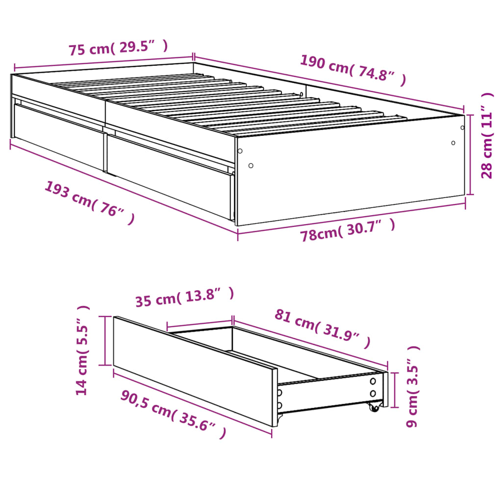 Giroletto Cassetti Grigio Sonoma 75x190 cm Legno Multistrato | homemem39