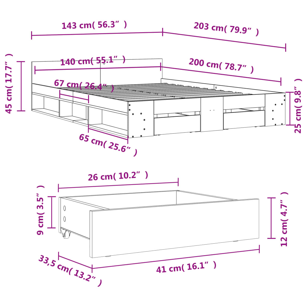 Giroletto con Cassetti Rovere Fumo 140x200 cm Legno Multistrato | homemem39