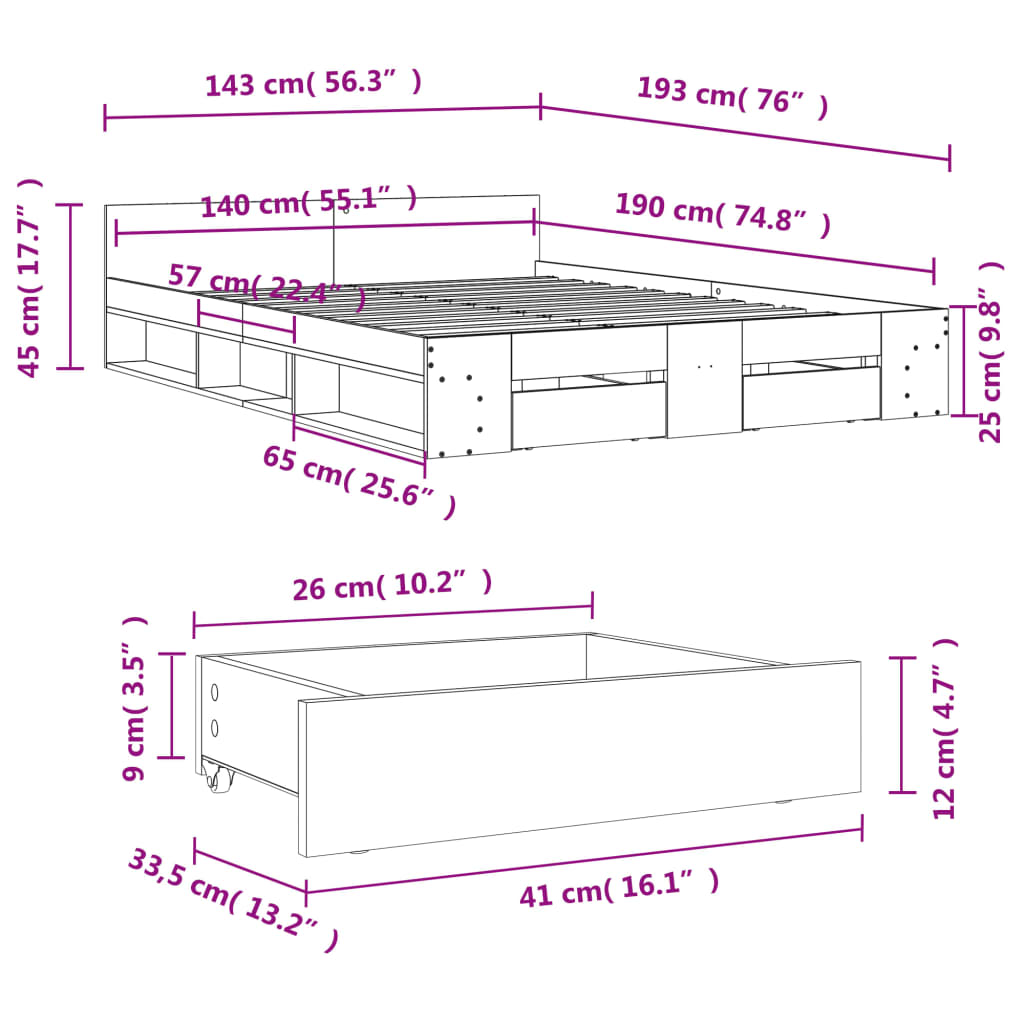 Giroletto Cassetti Grigio Sonoma 140x190 cm Legno Multistrato | homemem39