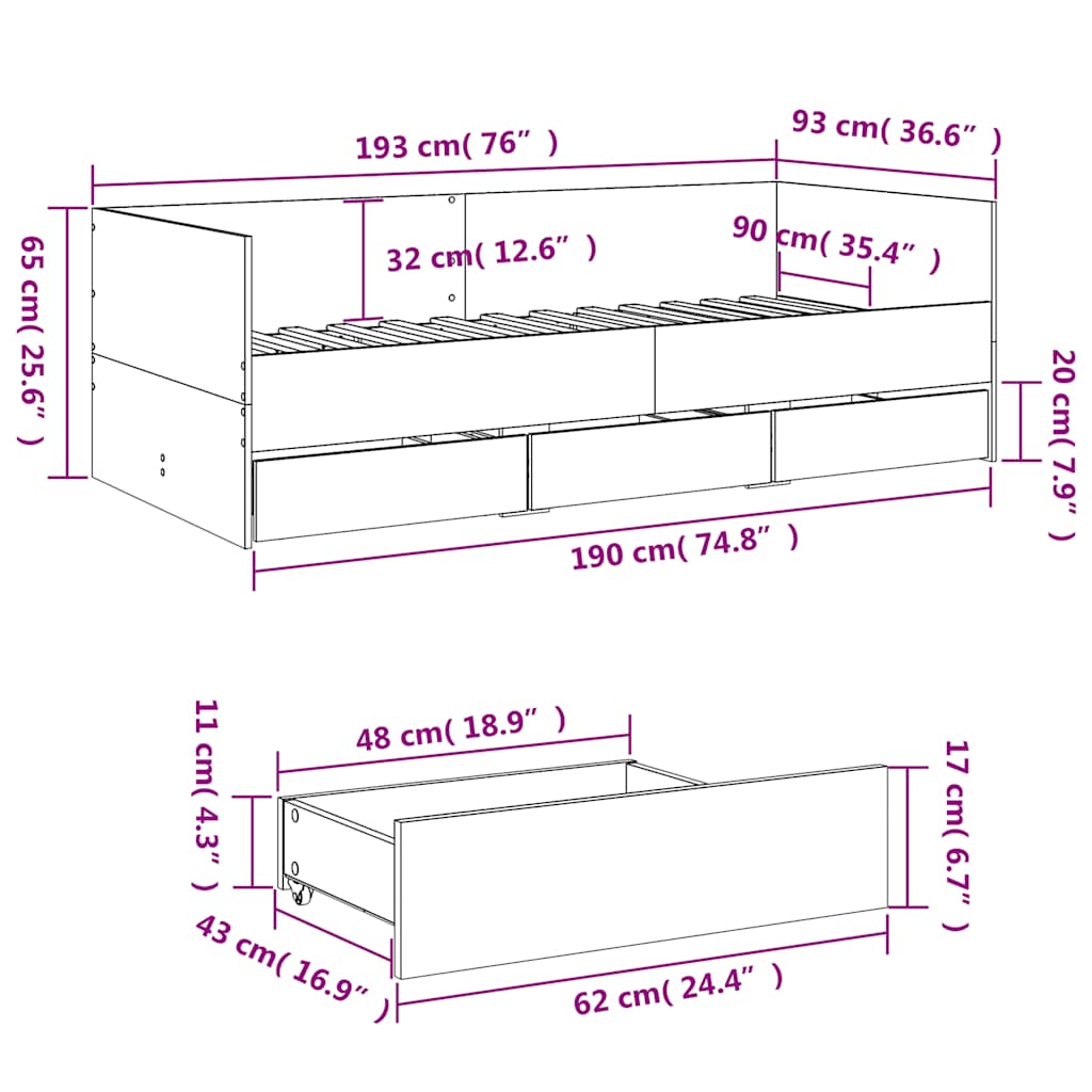 Divano Letto con Cassetti senza Materasso Bianco 90x190 cm | homemem39