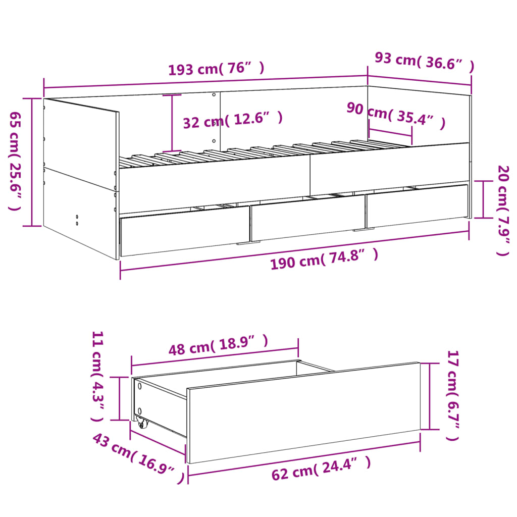 Divano Letto con Cassetti senza Materasso 90x190 cm | homemem39